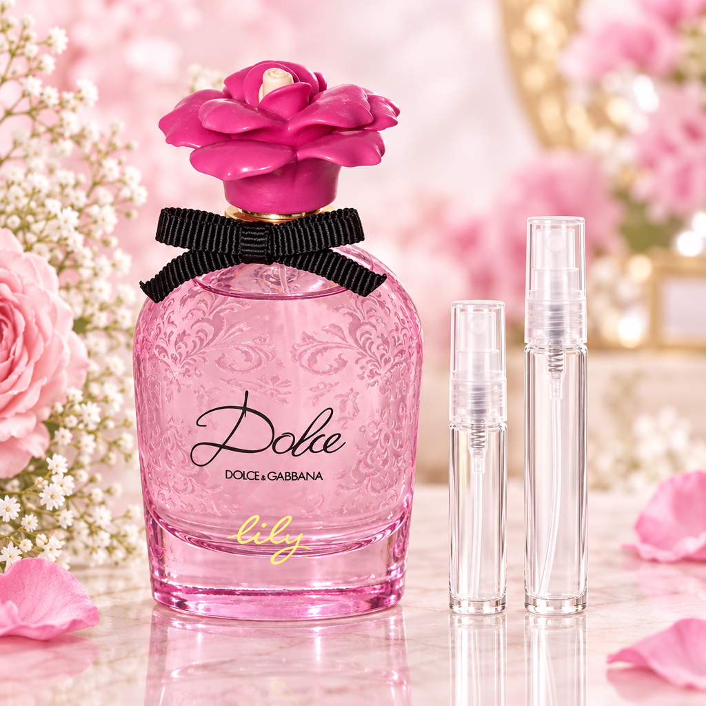 Dolce & Gabbana Dolce Lily EDT bottle with 5 ml and 10 ml plain clear travel spray vials