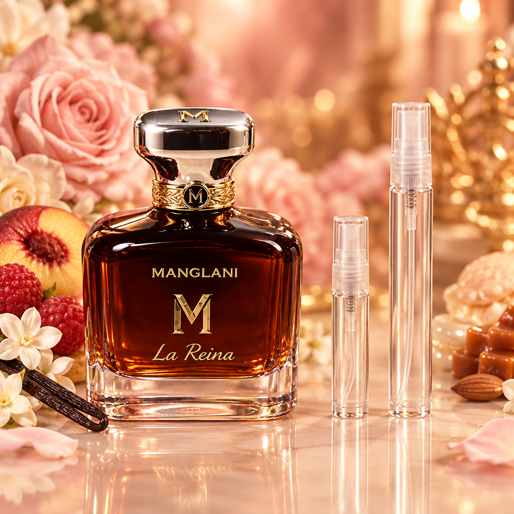 Manglani La Reina bottle with 5 ml and 10 ml plain clear travel spray vials