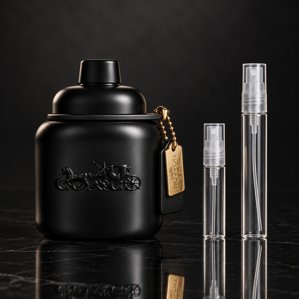 Coach for Men Eau de Parfum bottle with 5 ml and 10 ml plain clear travel spray vials
