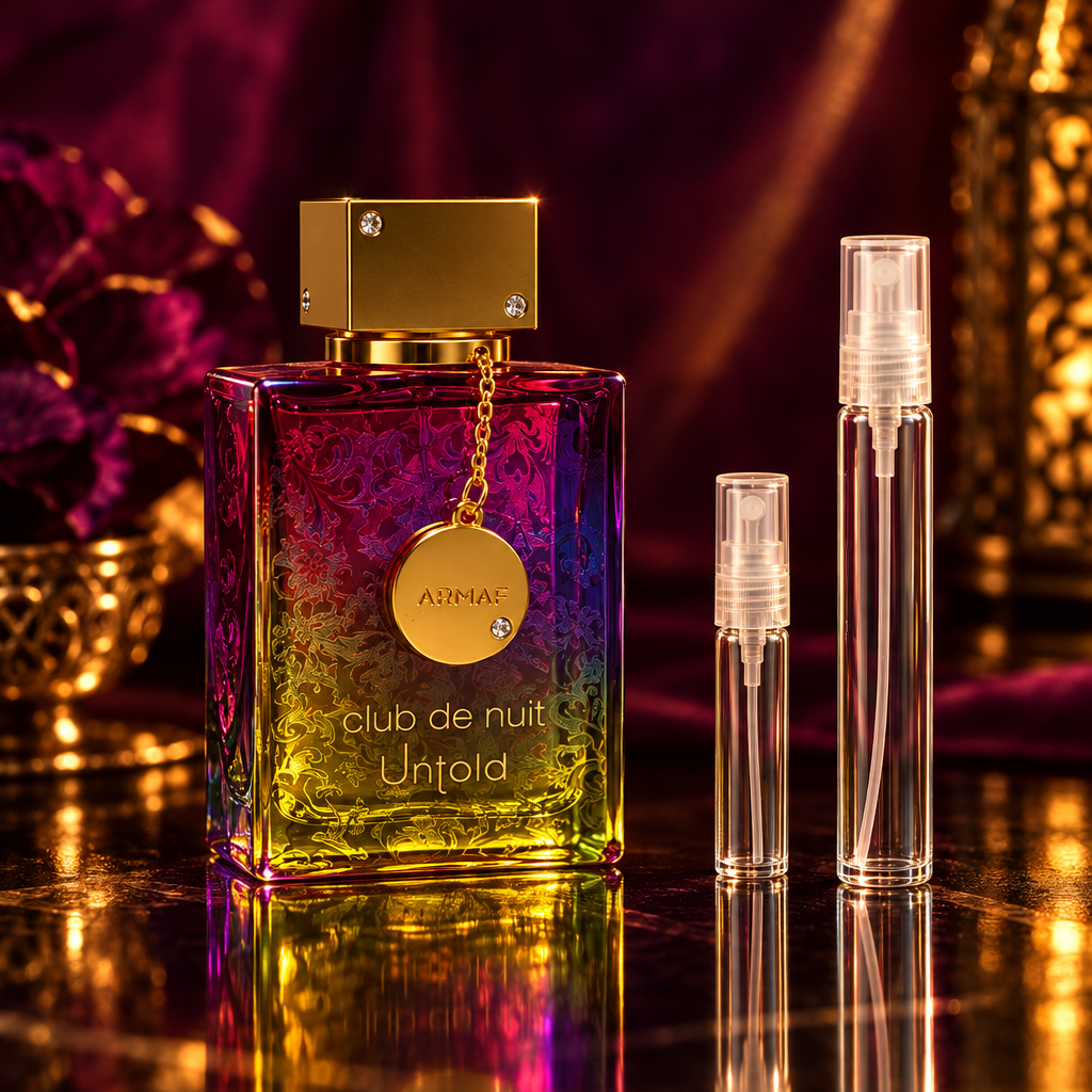 Armaf Club de Nuit Untold bottle with 5 ml and 10 ml plain clear travel spray vials