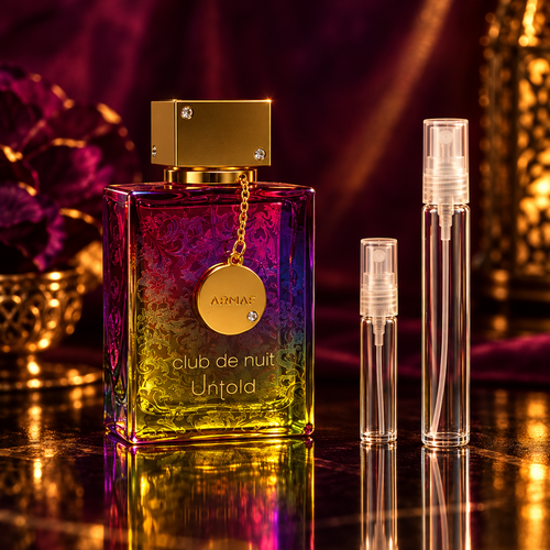 Armaf Club de Nuit Untold bottle with 5 ml and 10 ml plain clear travel spray vials