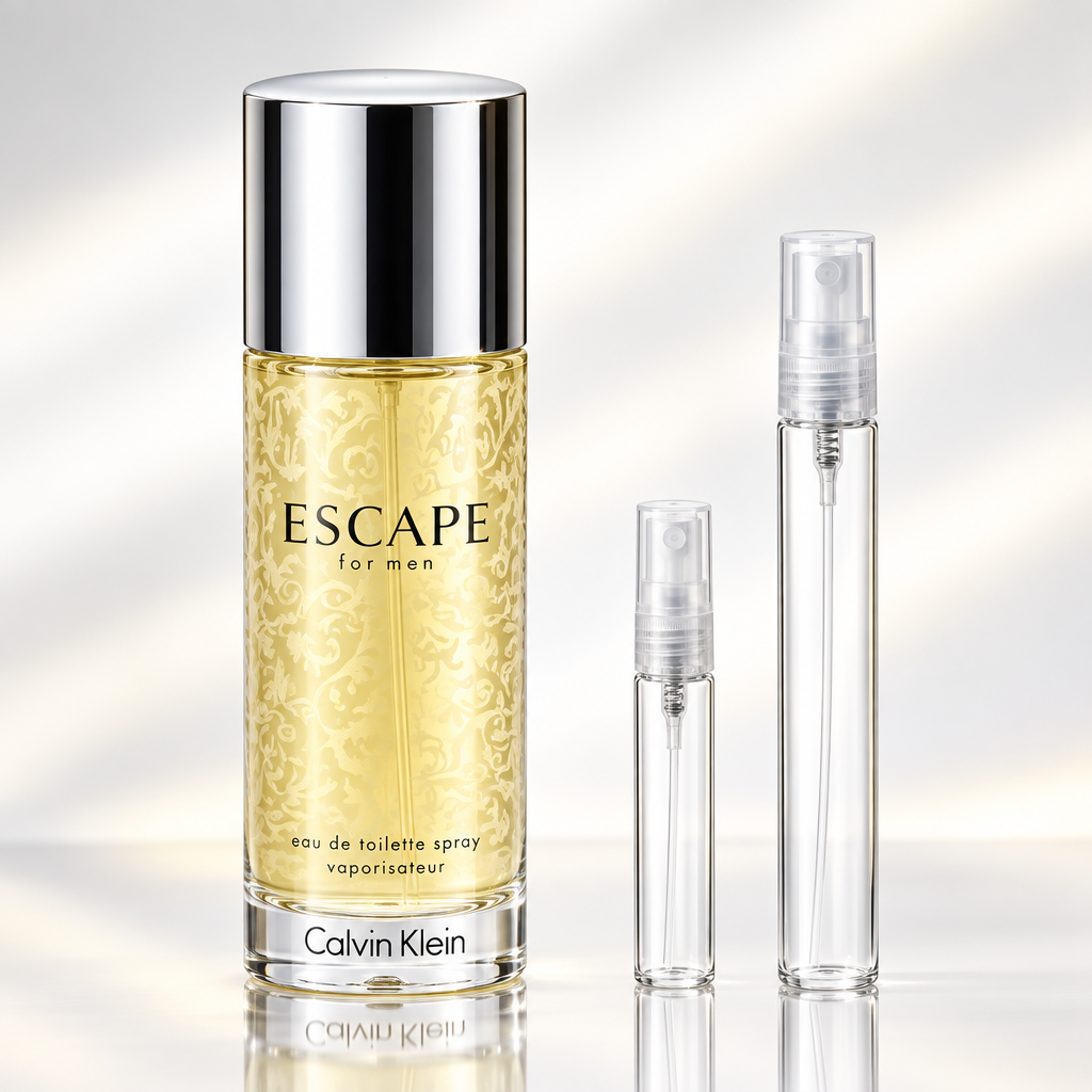Calvin Klein Escape for Men bottle with 5 ml and 10 ml plain clear travel spray vials