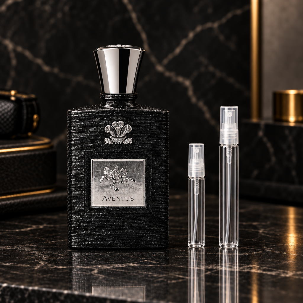 Creed Aventus EDP bottle with 5 ml and 10 ml plain clear travel spray vials