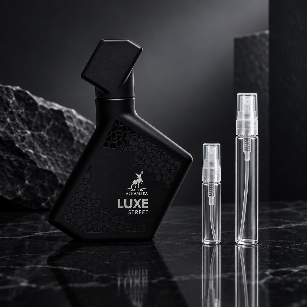 Maison Alhambra Luxe Street EDP bottle with 5 ml and 10 ml plain clear travel spray vials