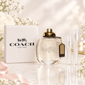 Coach New York EDP bottle and box with 5 ml and 10 ml clear travel spray vials