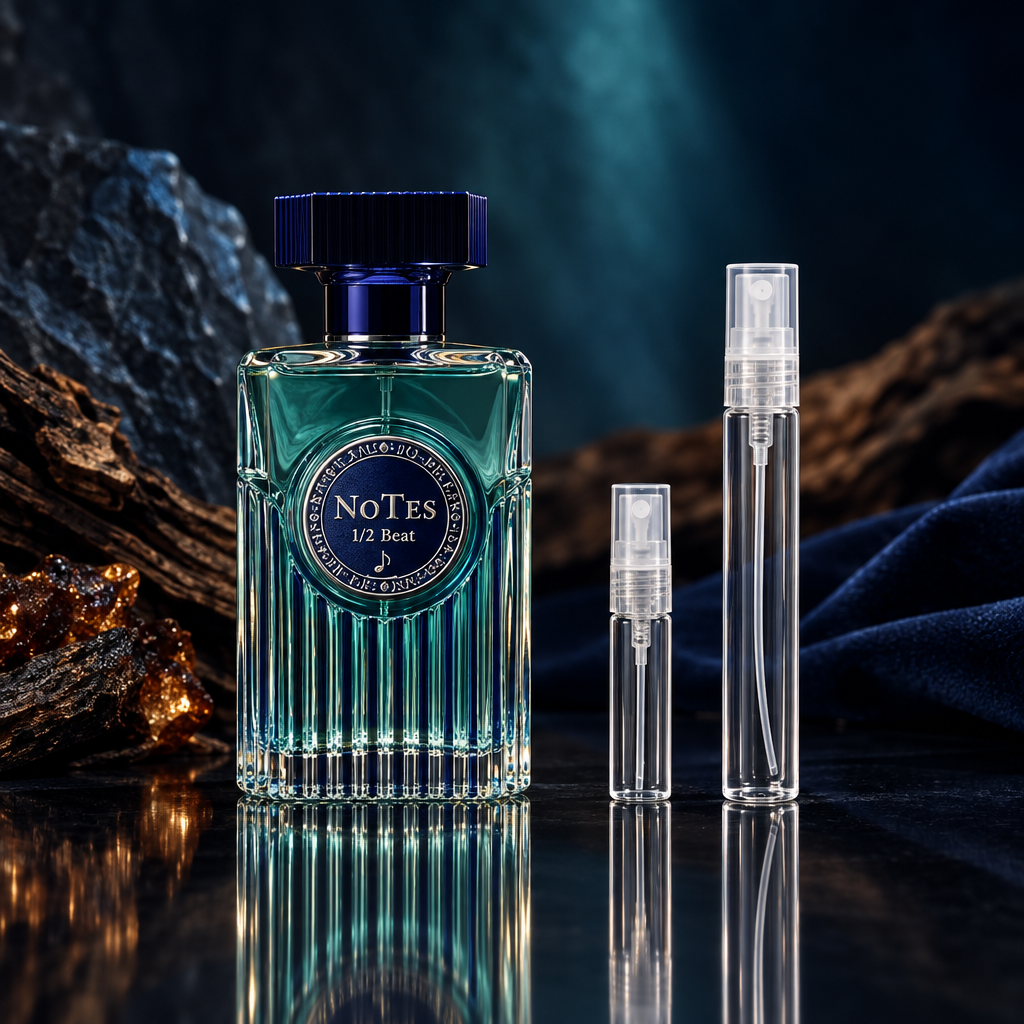 Jo Milano Paris Notes 1/2 Beat Eau de Parfum bottle with 5 ml and 10 ml plain clear travel spray vials