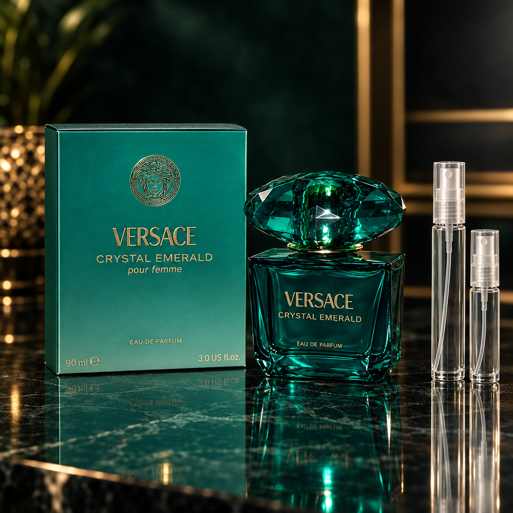 Versace Crystal Emerald EDP bottle and box with 5 ml and 10 ml clear travel spray vials