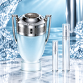 Rabanne Invictus Aqua Eau de Toilette bottle with 5 ml and 10 ml plain clear travel spray vials