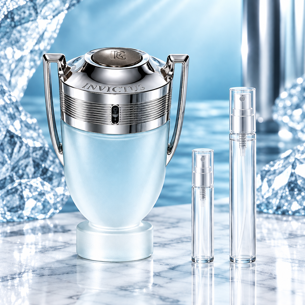 Rabanne Invictus Aqua Eau de Toilette bottle with 5 ml and 10 ml plain clear travel spray vials