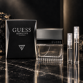 Guess Seductive Homme EDT bottle with 5 ml and 10 ml clear travel spray vials