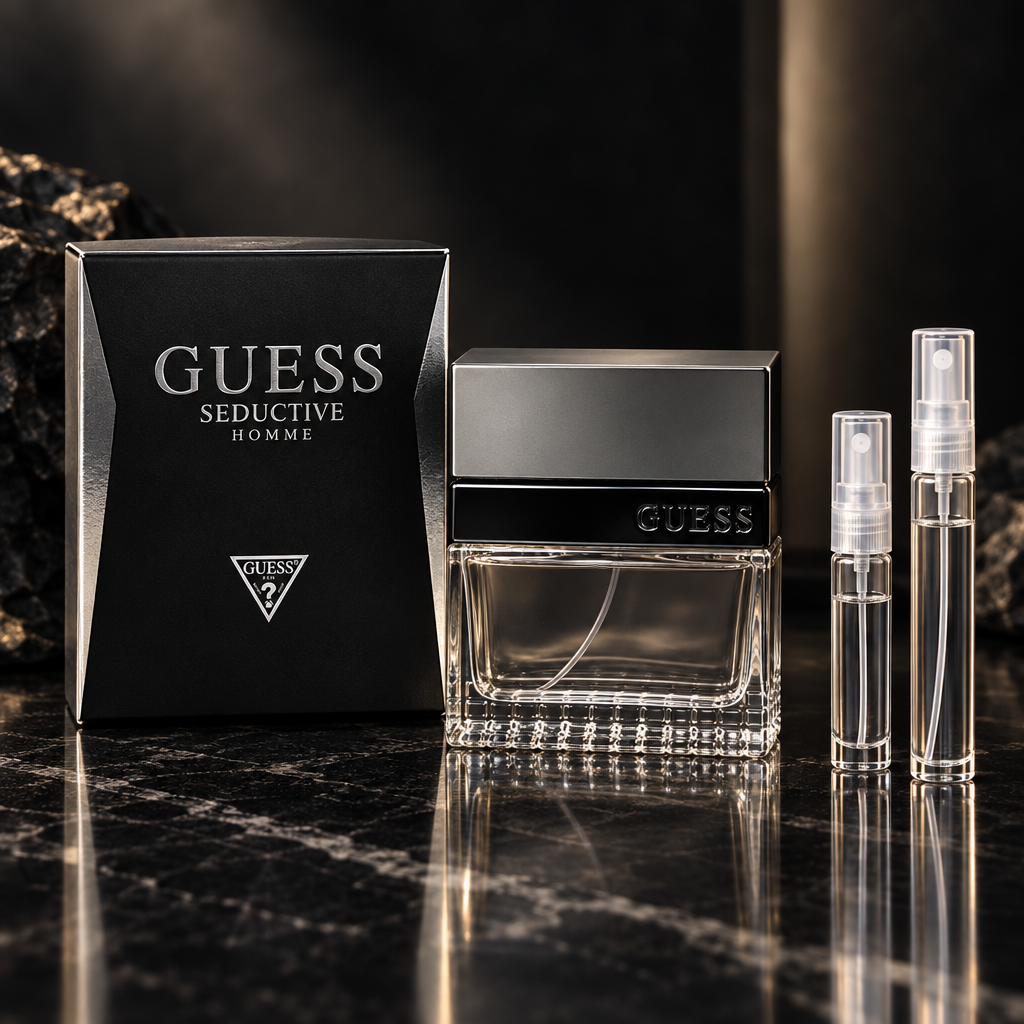 Guess Seductive Homme EDT bottle with 5 ml and 10 ml clear travel spray vials