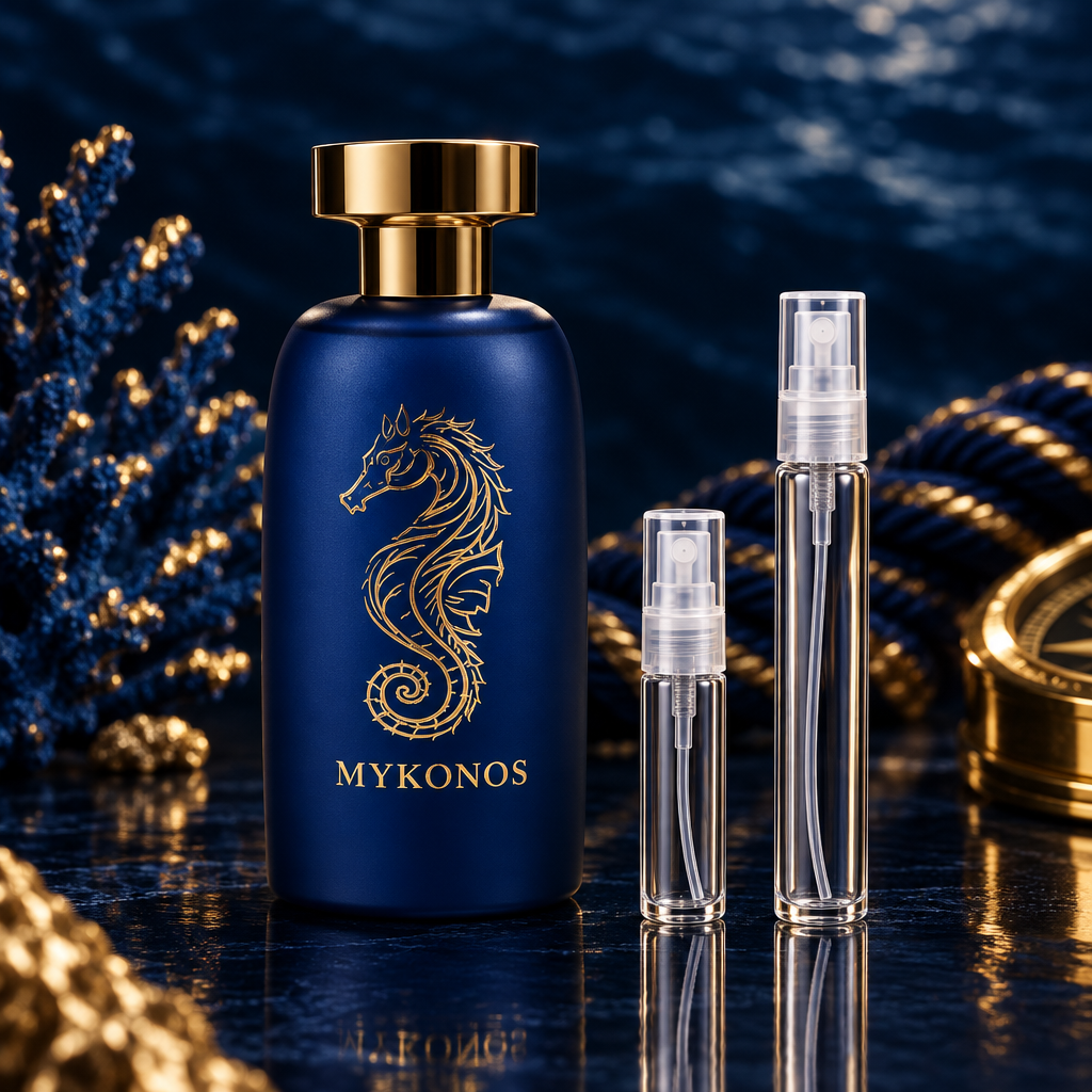 Mykonos Nautilus Extrait de Parfum bottle with 5 ml and 10 ml plain clear travel spray vials