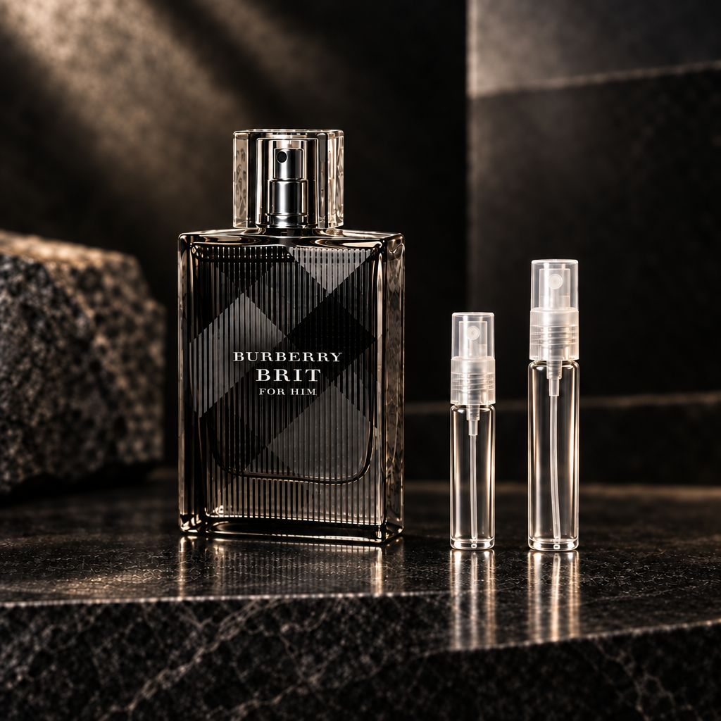 Burberry Brit for Him EDT bottle with 5 ml and 10 ml plain clear travel spray vials