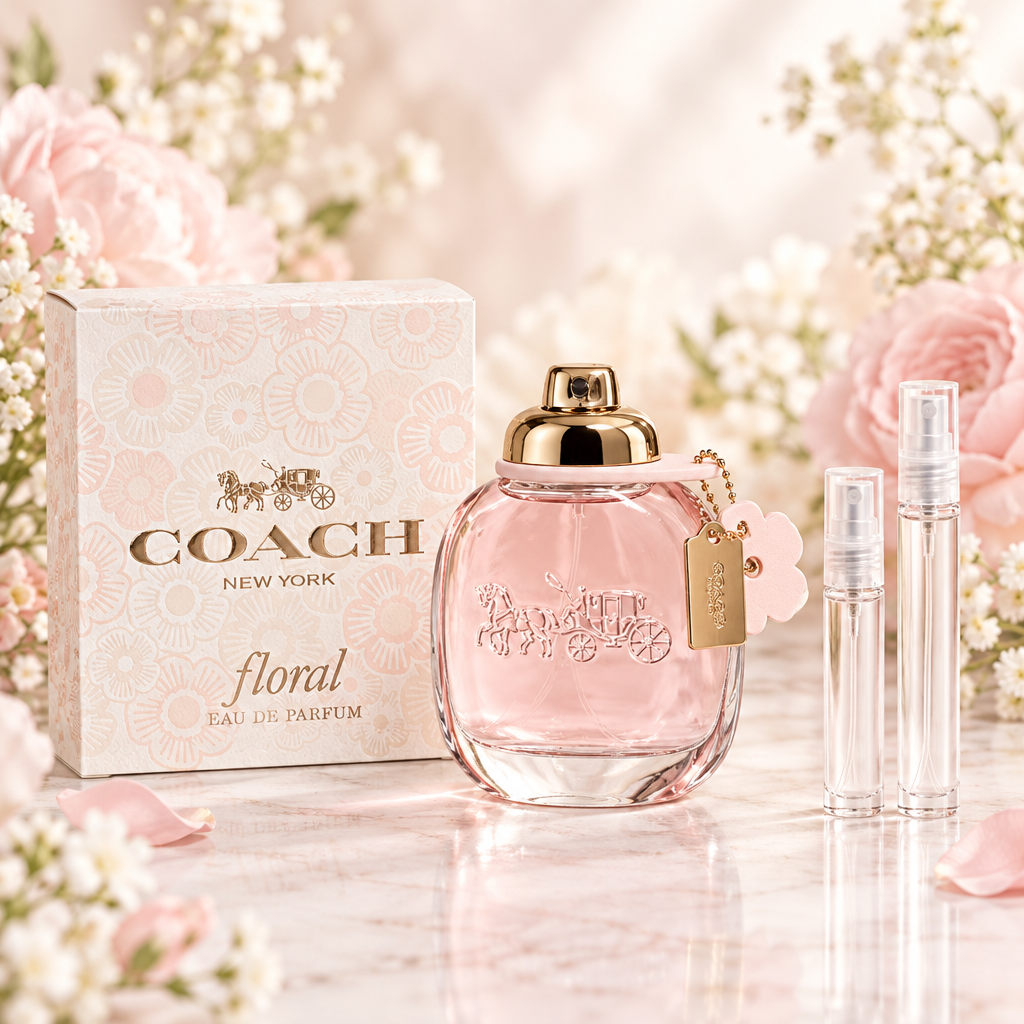 Coach Floral EDP bottle and box with 5 ml and 10 ml clear travel spray vials