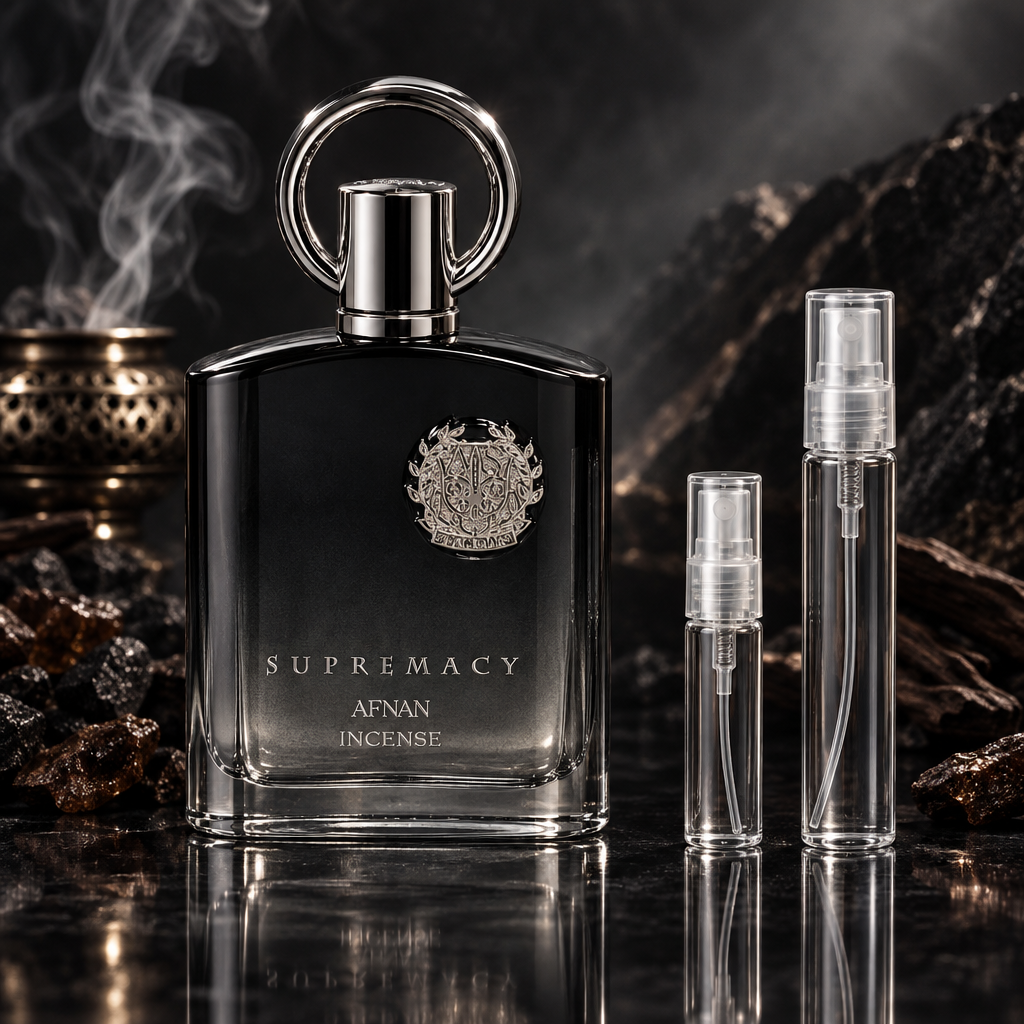 Afnan Supremacy Incense EDP bottle with 5 ml and 10 ml plain clear travel spray vials