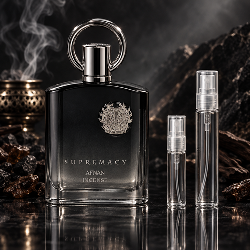 Afnan Supremacy Incense EDP bottle with 5 ml and 10 ml plain clear travel spray vials