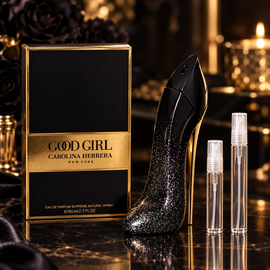 Carolina Herrera Good Girl EDP bottle and box with 5 ml and 10 ml plain clear travel spray vials