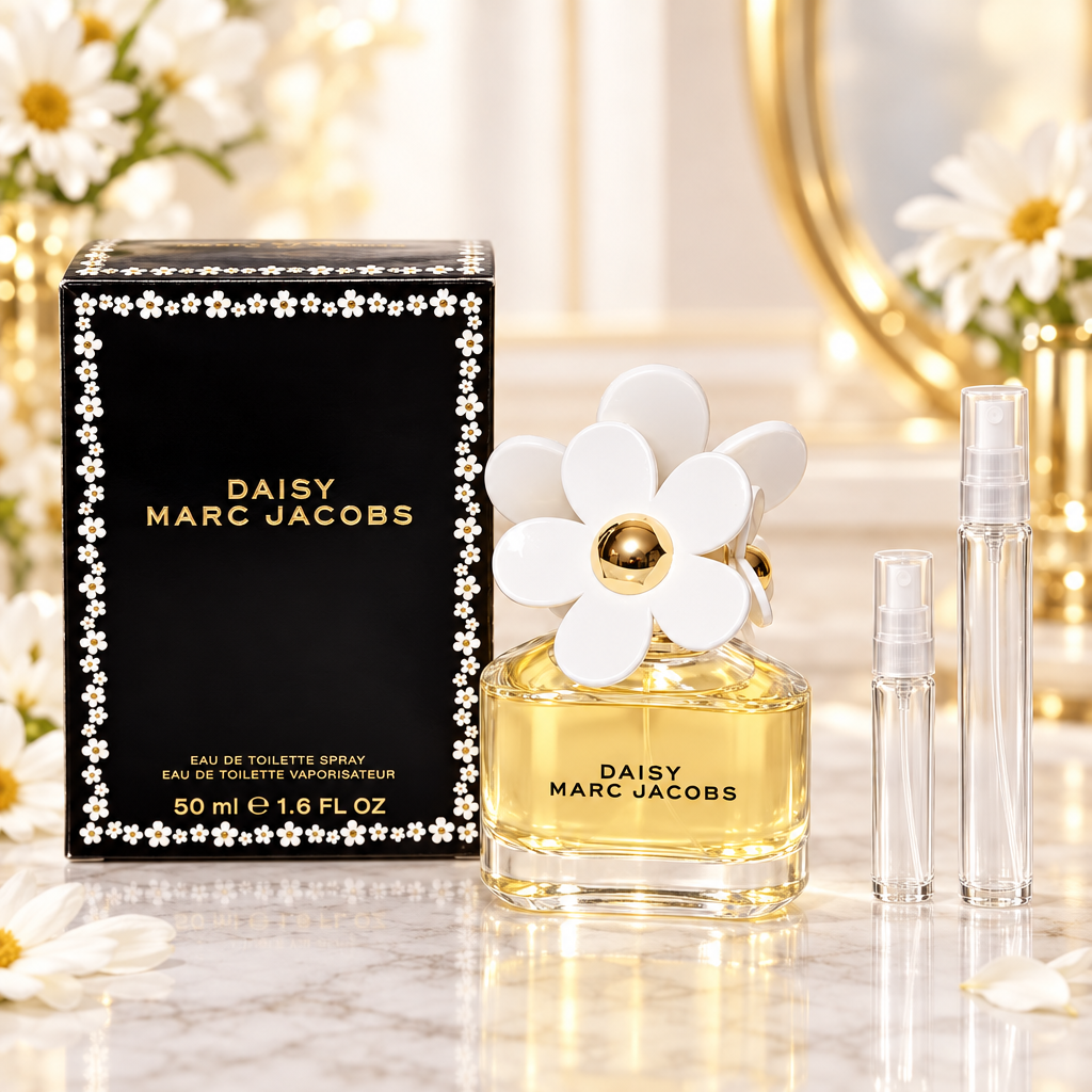 Marc Jacobs Daisy EDT bottle with box and 5 ml and 10 ml plain clear travel spray vials