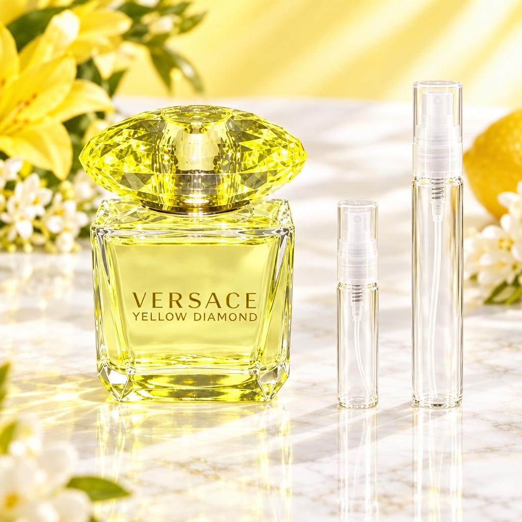 Versace Yellow Diamond EDT bottle with 5 ml and 10 ml plain clear travel spray vials