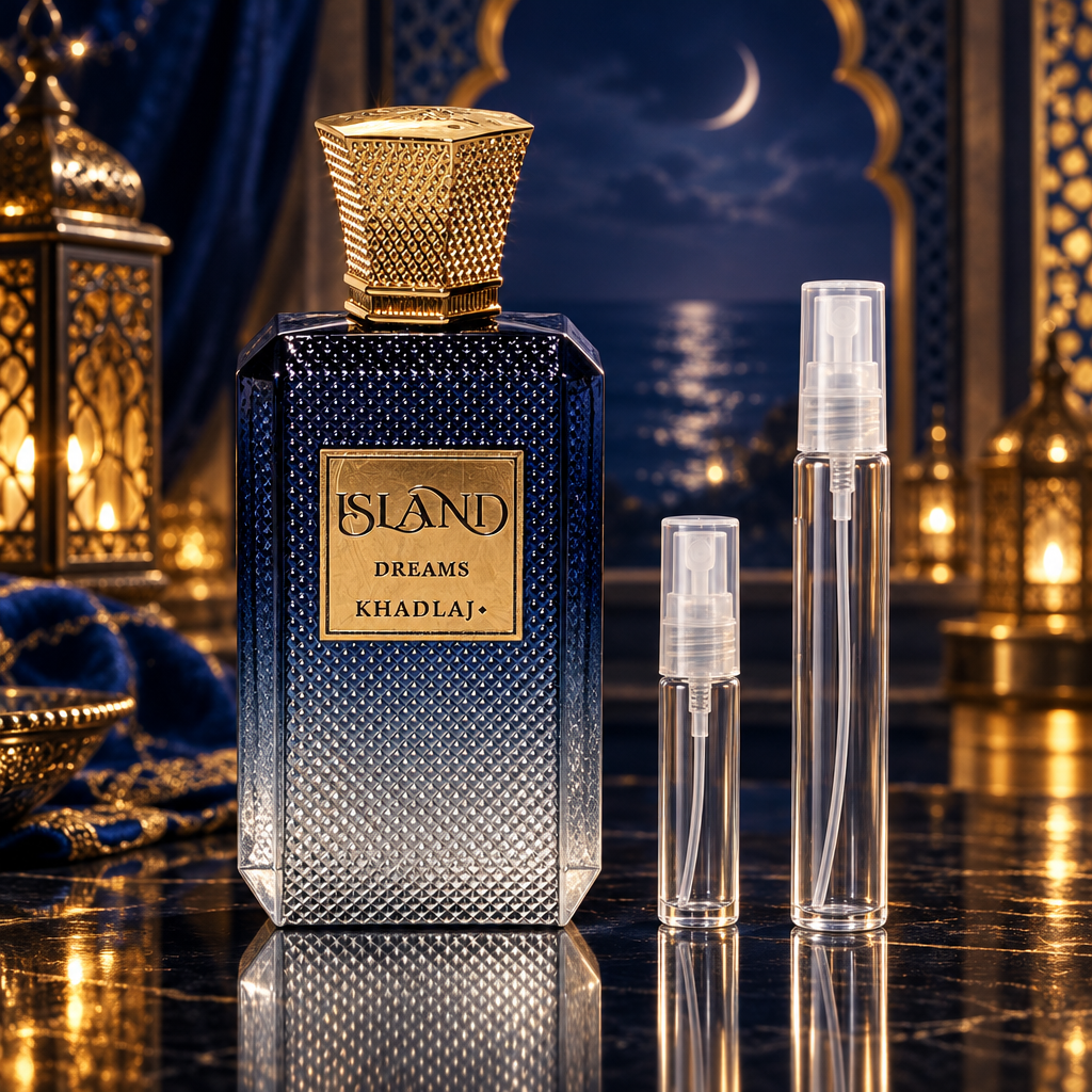 Khadlaj Island Dreams bottle with 5 ml and 10 ml plain clear travel spray vials