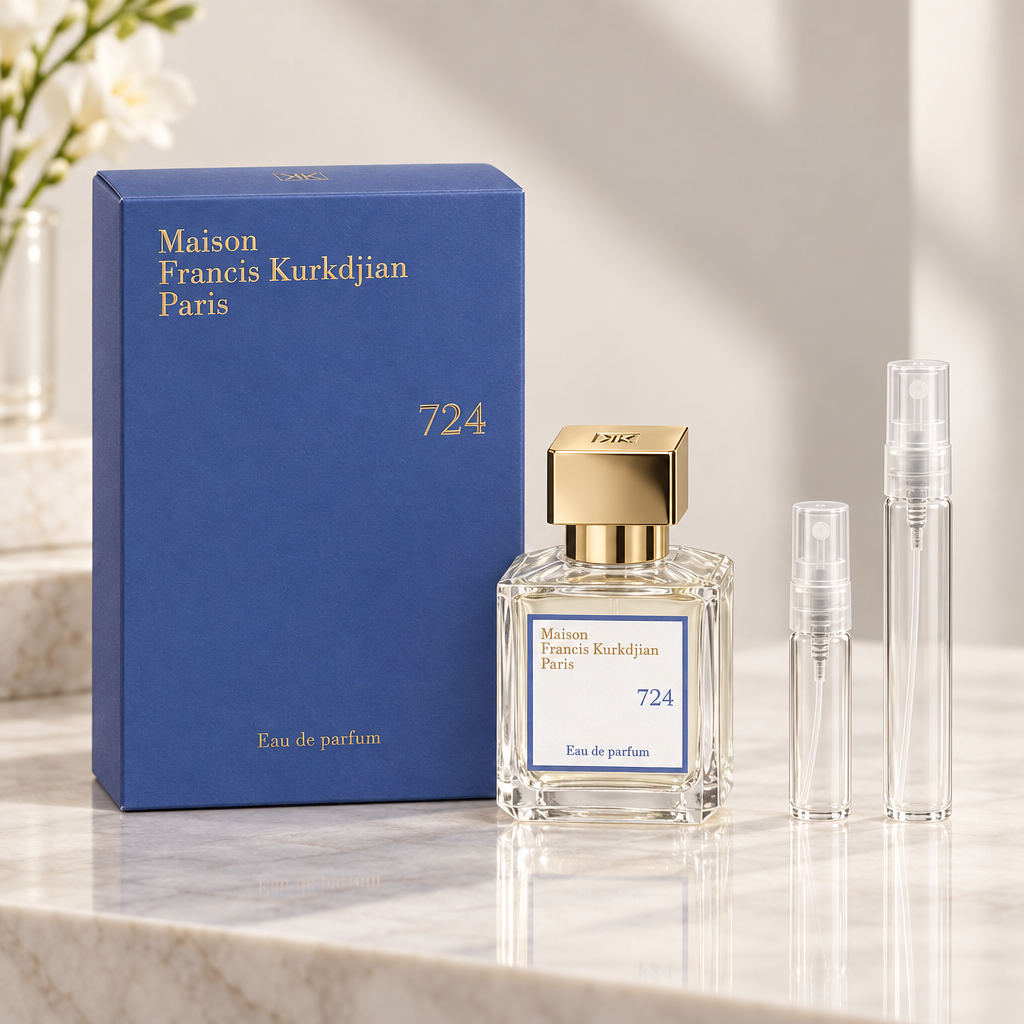 Maison Francis Kurkdjian 724 EDP bottle and box with 5 ml and 10 ml plain clear travel spray vials