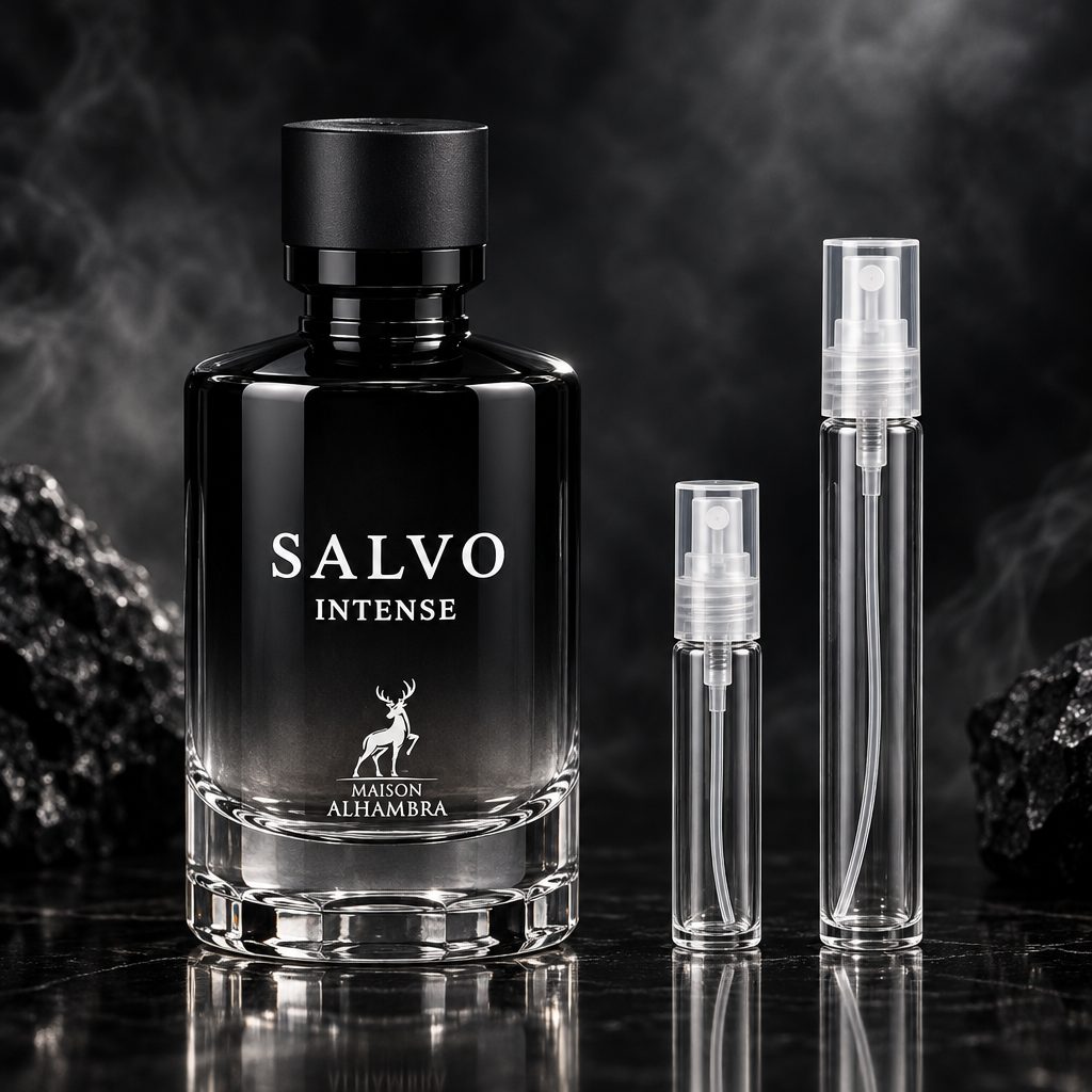 Maison Alhambra Salvo Intense bottle with 5 ml and 10 ml plain clear travel spray vials