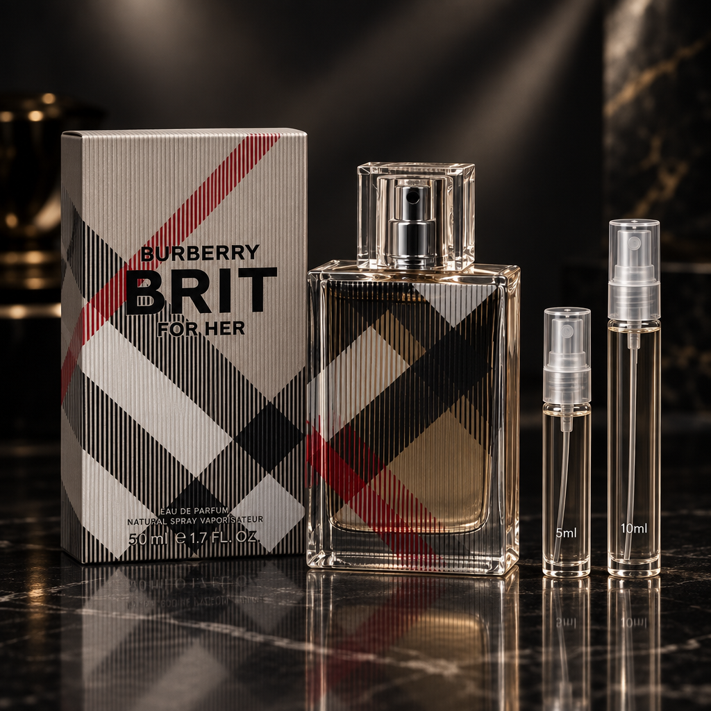 Burberry Brit for Her EDP bottle and box with 5 ml and 10 ml clear travel spray vials