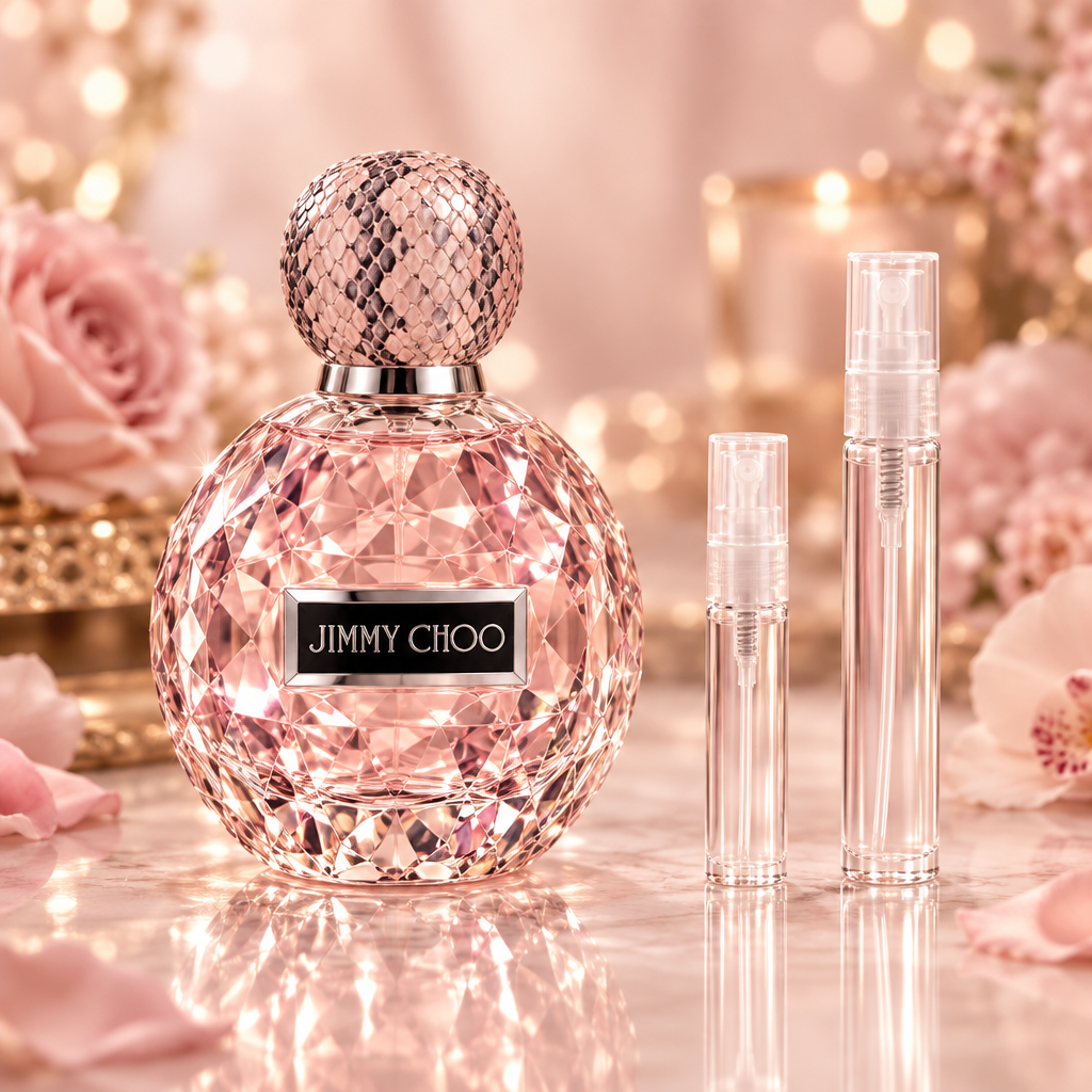 Jimmy Choo EDP bottle with 5 ml and 10 ml plain clear travel spray vials