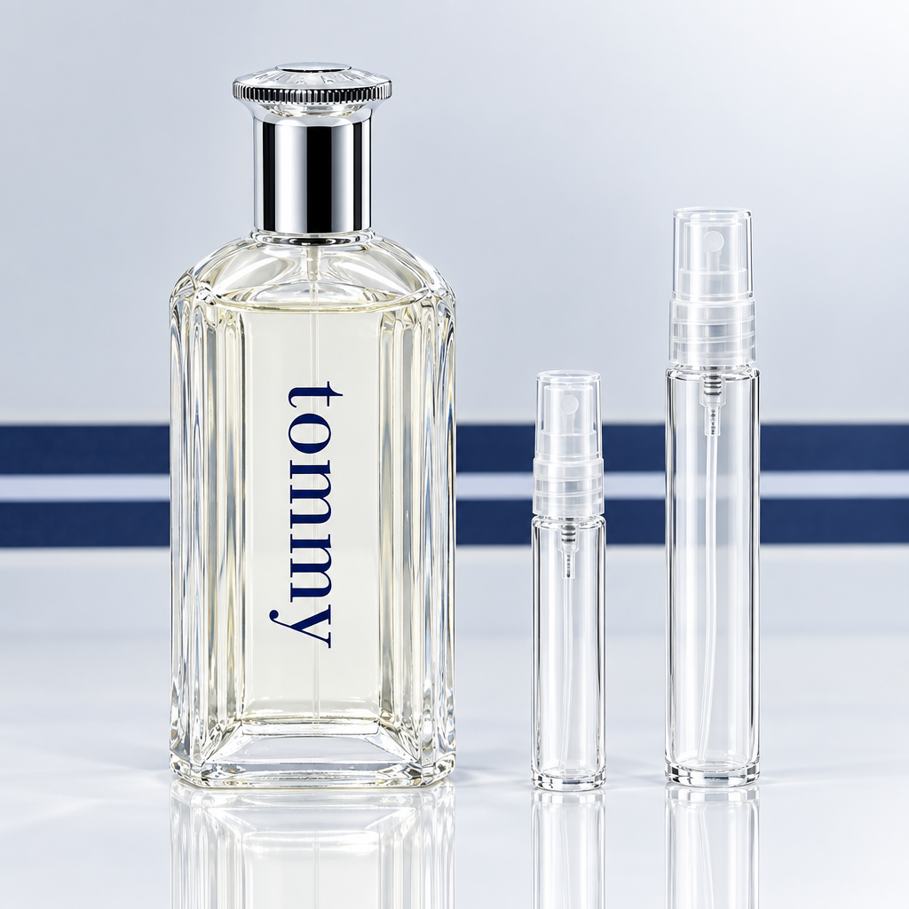 Tommy by Tommy Hilfiger bottle with 5 ml and 10 ml plain clear travel spray vials