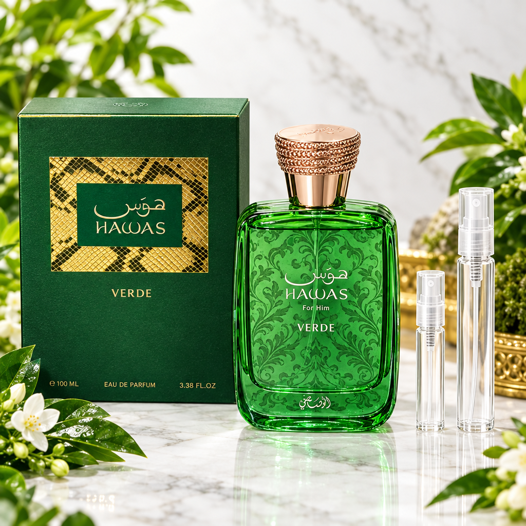 Rasasi Hawas Verde EDP bottle with box and 5 ml and 10 ml plain clear travel spray vials