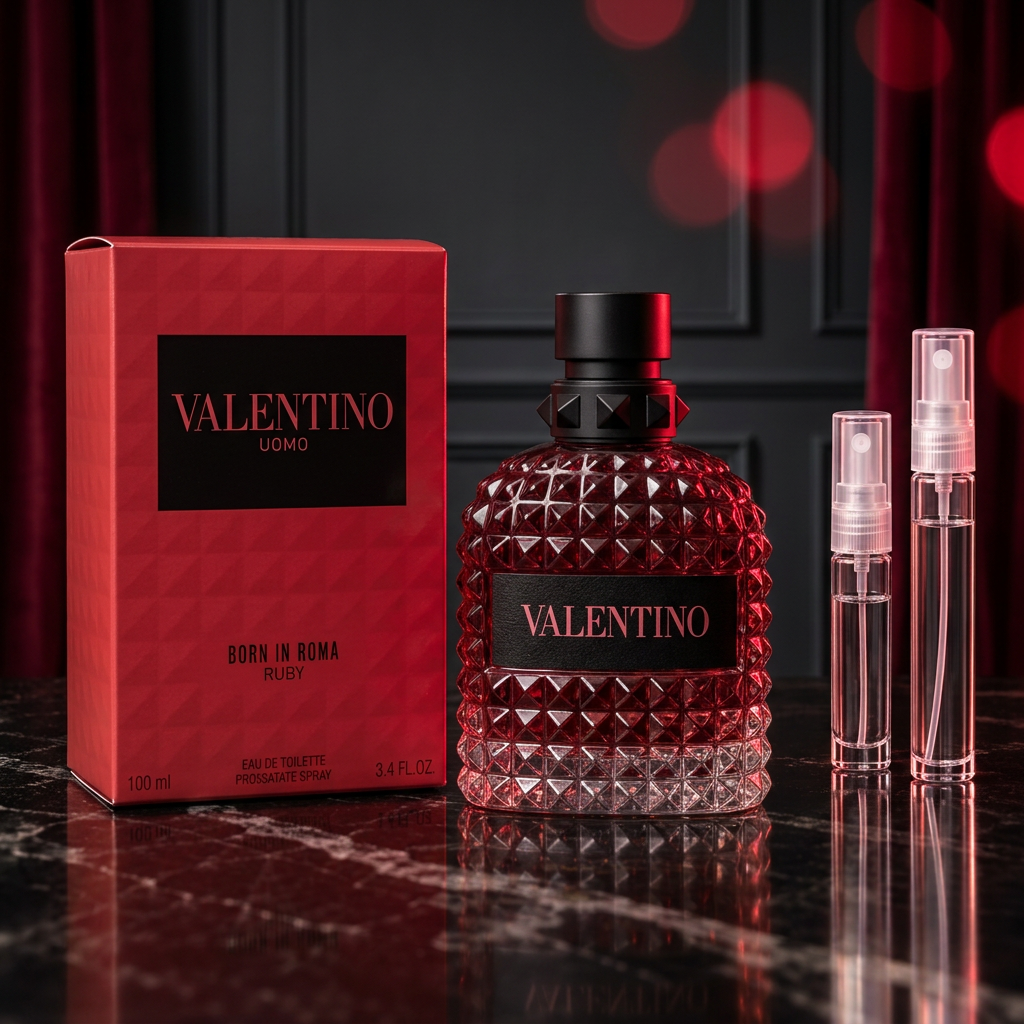 Valentino Uomo Born in Roma Ruby bottle and red box beside clear glass 5 ml and 10 ml travel sprays with dramatic ruby lighting and black marble