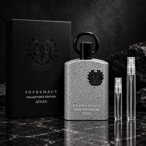 Afnan Supremacy Collector's Edition bottle with box and 5 ml and 10 ml plain clear travel spray vials