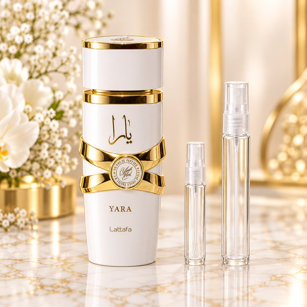 Lattafa Yara Moi EDP bottle with 5 ml and 10 ml plain clear travel spray vials