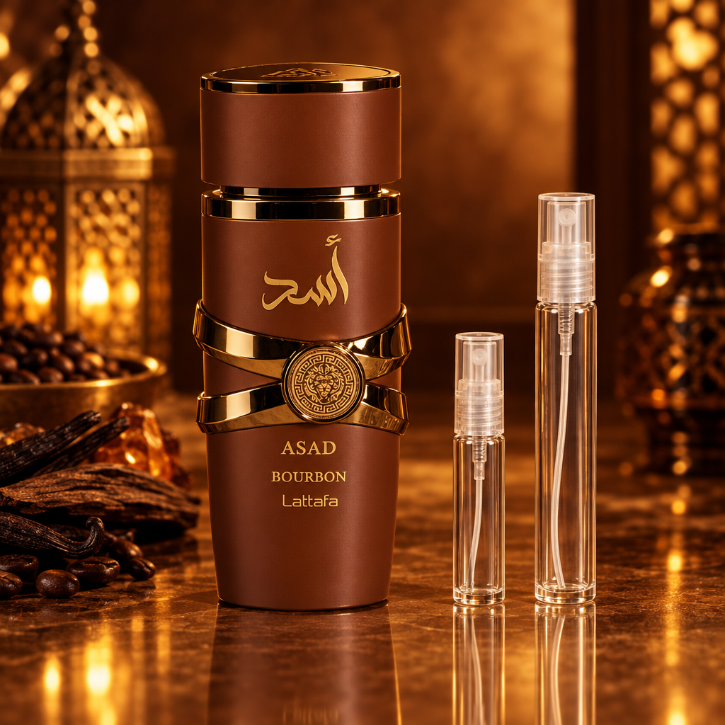 Lattafa Asad Bourbon EDP bottle with 5 ml and 10 ml plain clear travel spray vials