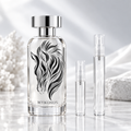 Mykonos Untamed Extrait de Parfum bottle with 5 ml and 10 ml plain clear travel spray vials