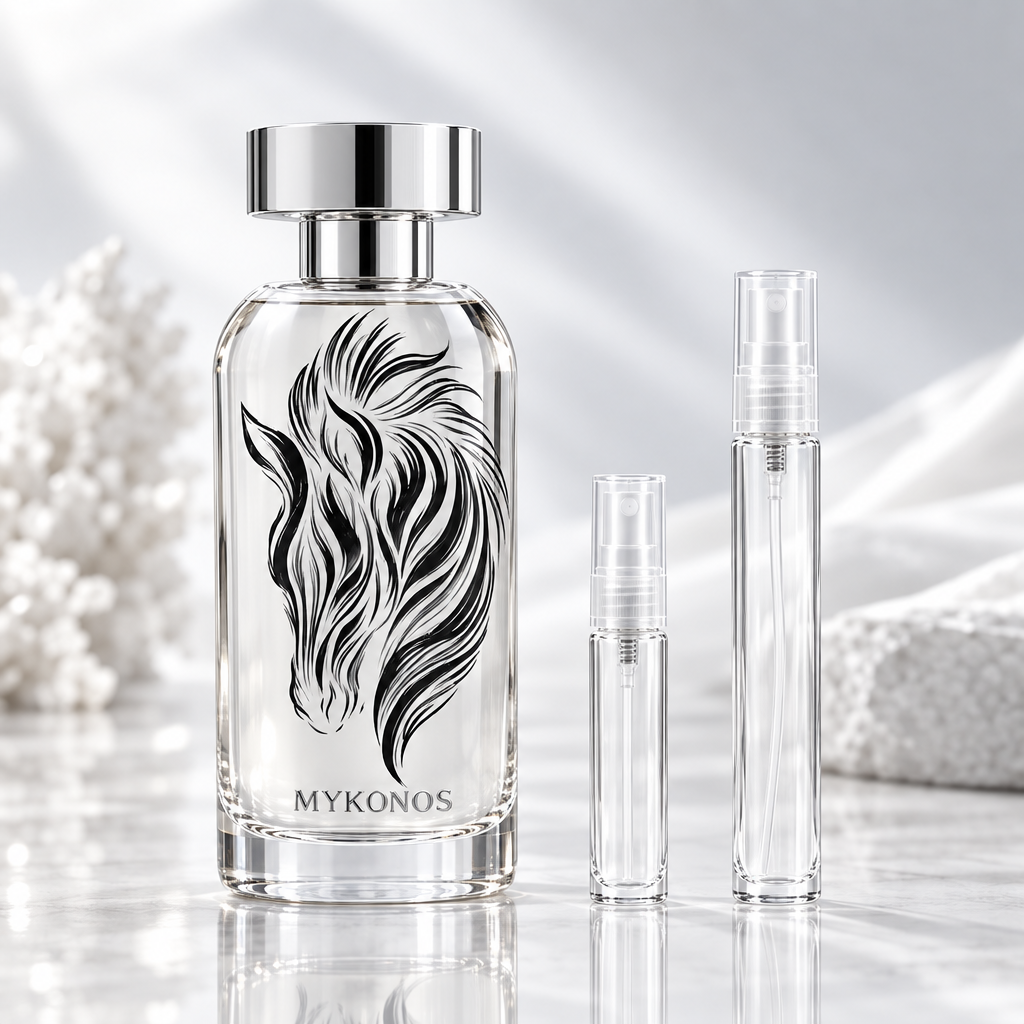 Mykonos Untamed Extrait de Parfum bottle with 5 ml and 10 ml plain clear travel spray vials