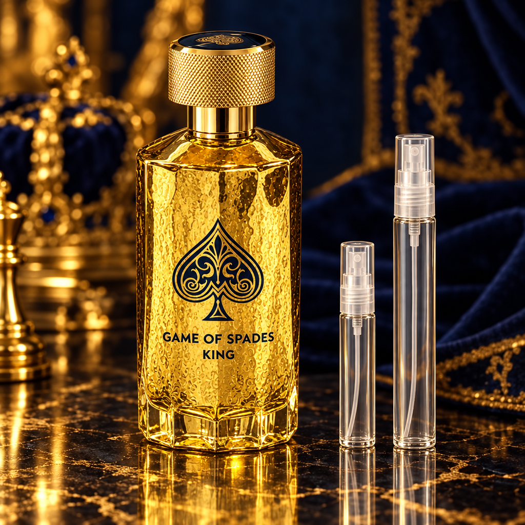Jo Milano Game of Spades King EDP bottle with 5 ml and 10 ml plain clear travel spray vials