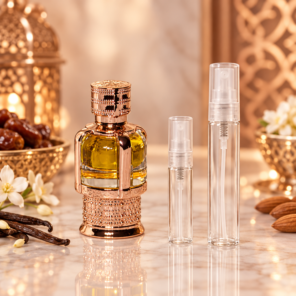 Lattafa Amoura CPO bottle with 5 ml and 10 ml plain clear travel spray vials
