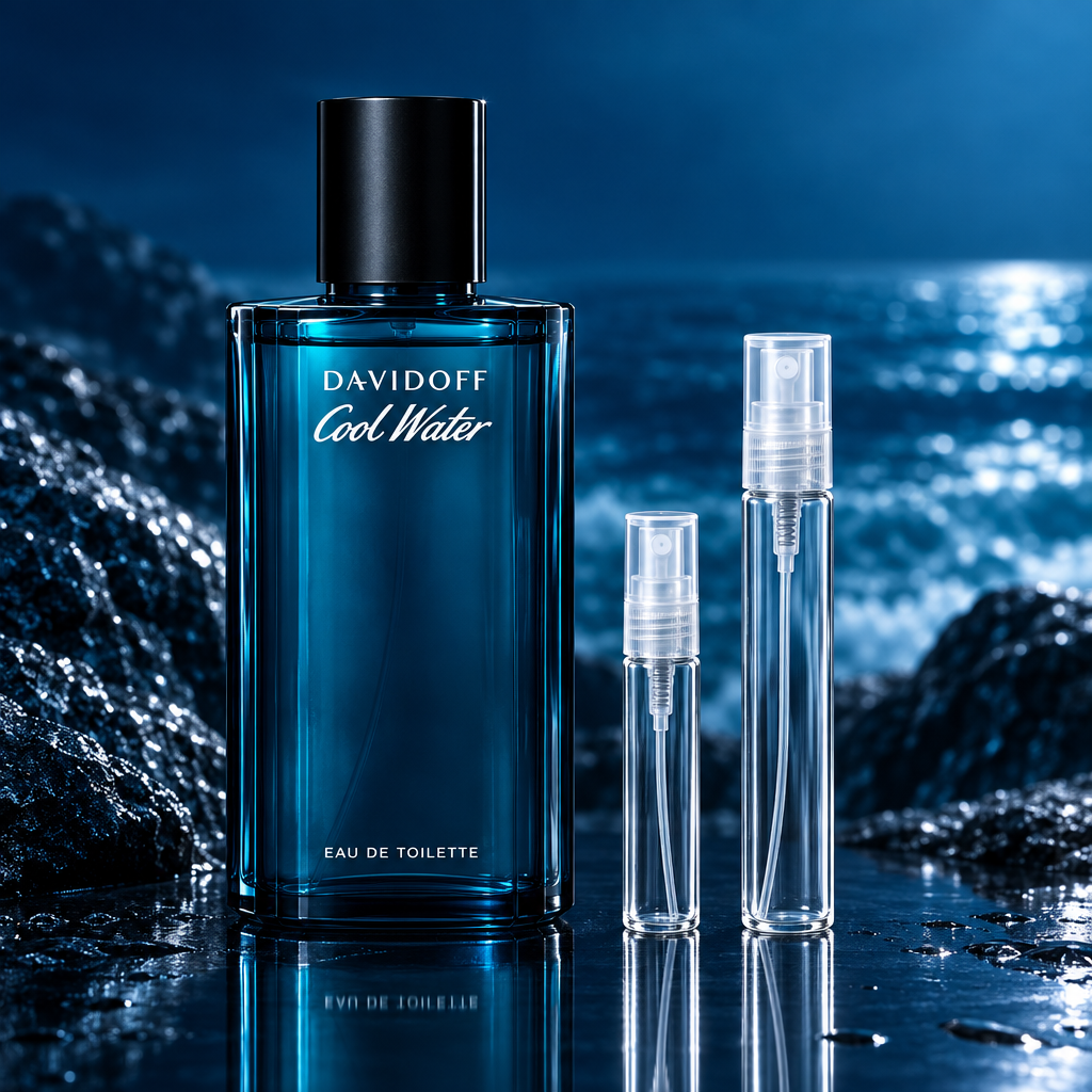 Davidoff Cool Water EDT bottle with 5 ml and 10 ml plain clear travel spray vials