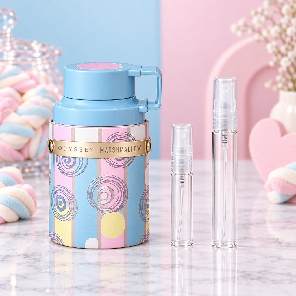 Armaf Odyssey Marshmallow EDP bottle with 5 ml and 10 ml plain clear travel spray vials
