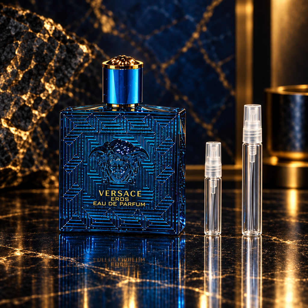 Versace Eros EDP bottle with 5 ml and 10 ml plain clear travel spray vials