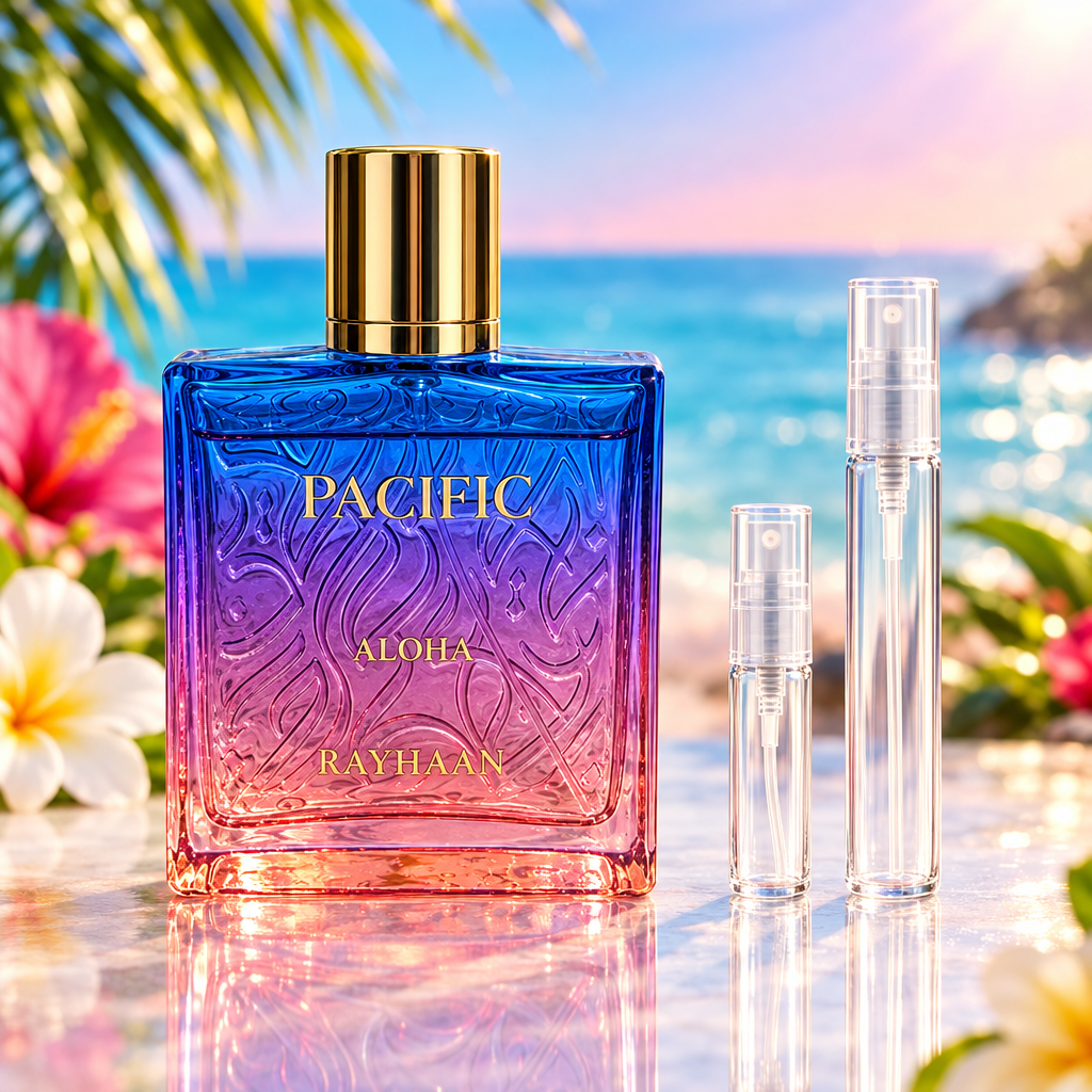 Rayhaan Pacific Aloha bottle with 5 ml and 10 ml plain clear travel spray vials