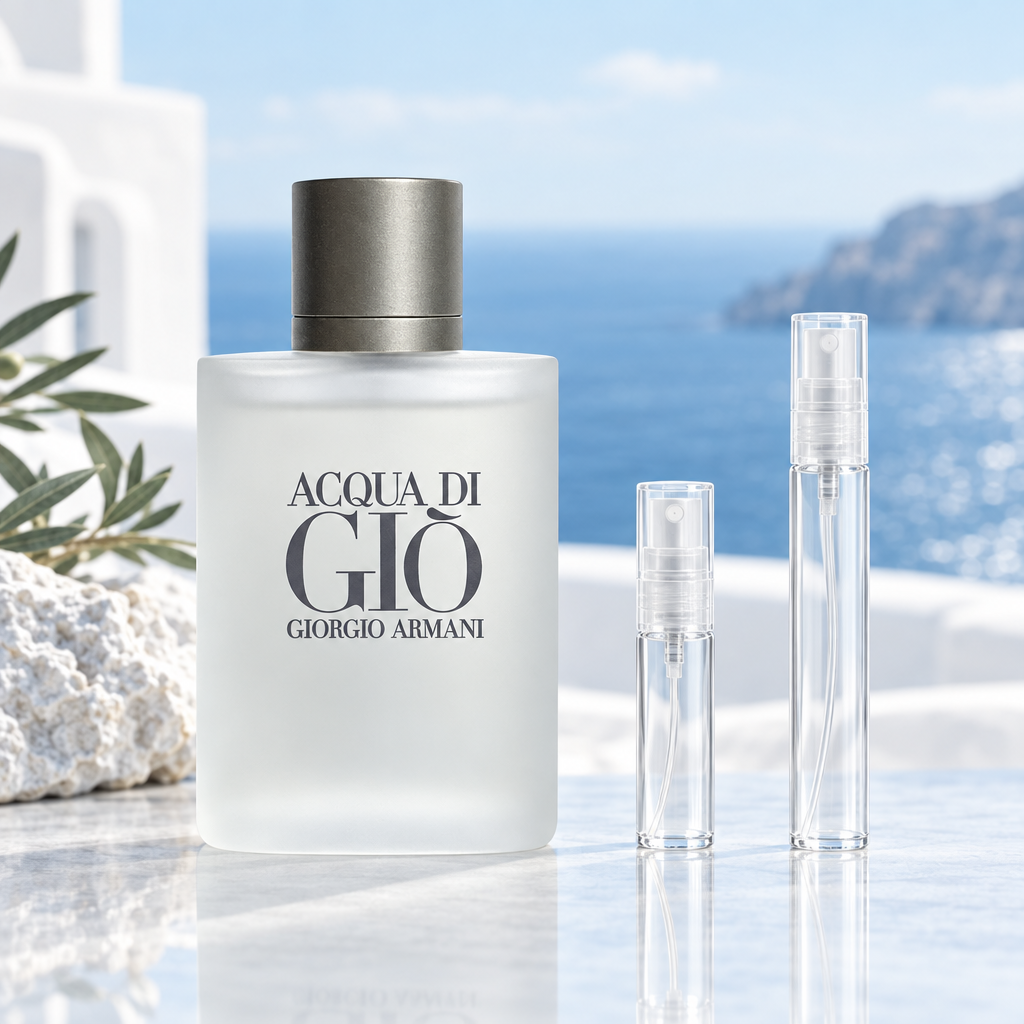 Giorgio Armani Acqua Di Giò Pour Homme bottle with 5 ml and 10 ml plain clear travel spray vials