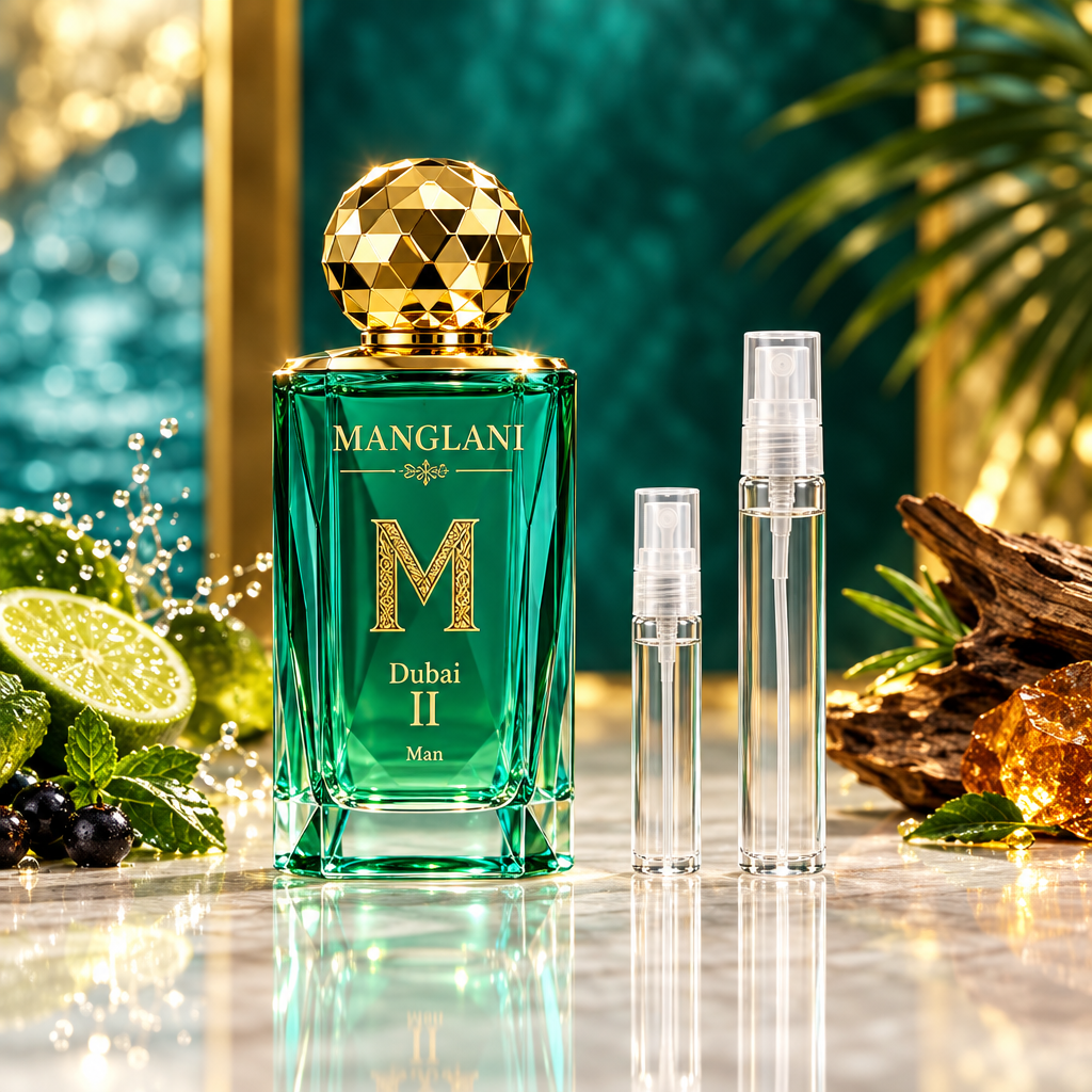 Manglani Dubai II Man bottle with 5 ml and 10 ml plain clear travel spray vials