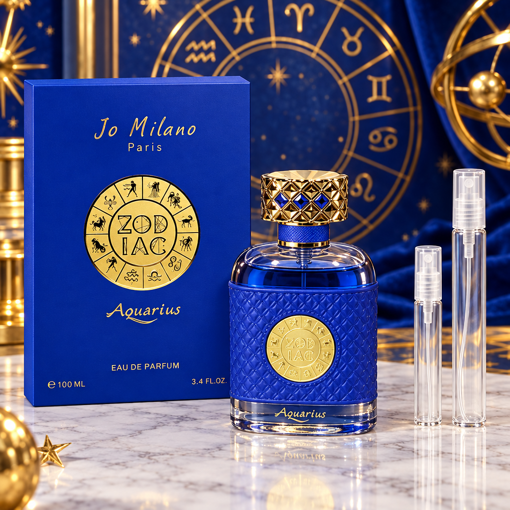 Jo Milano Paris Zodiac Aquarius EDP bottle with box and 5 ml and 10 ml plain clear travel spray vials