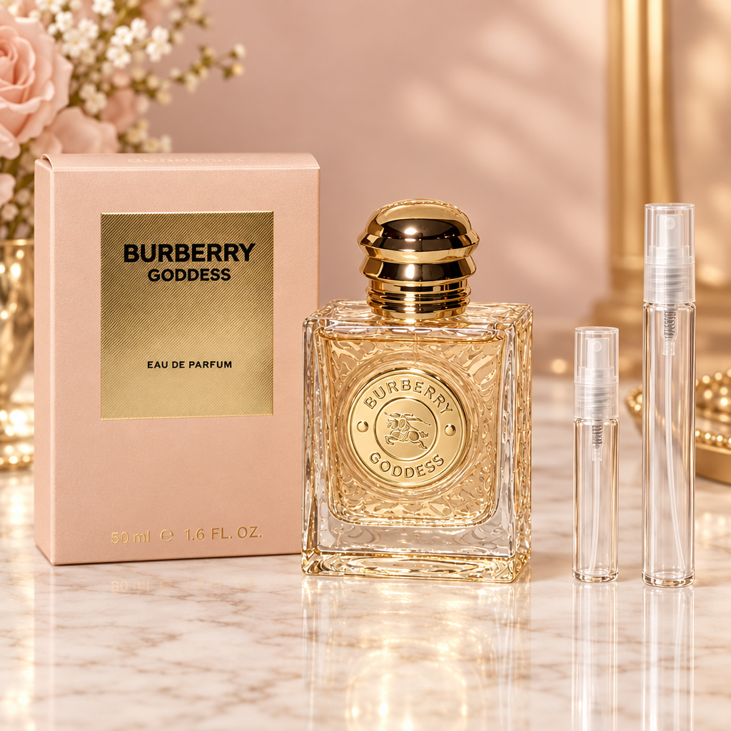 Burberry Goddess EDP bottle with box and 5 ml and 10 ml plain clear travel spray vials