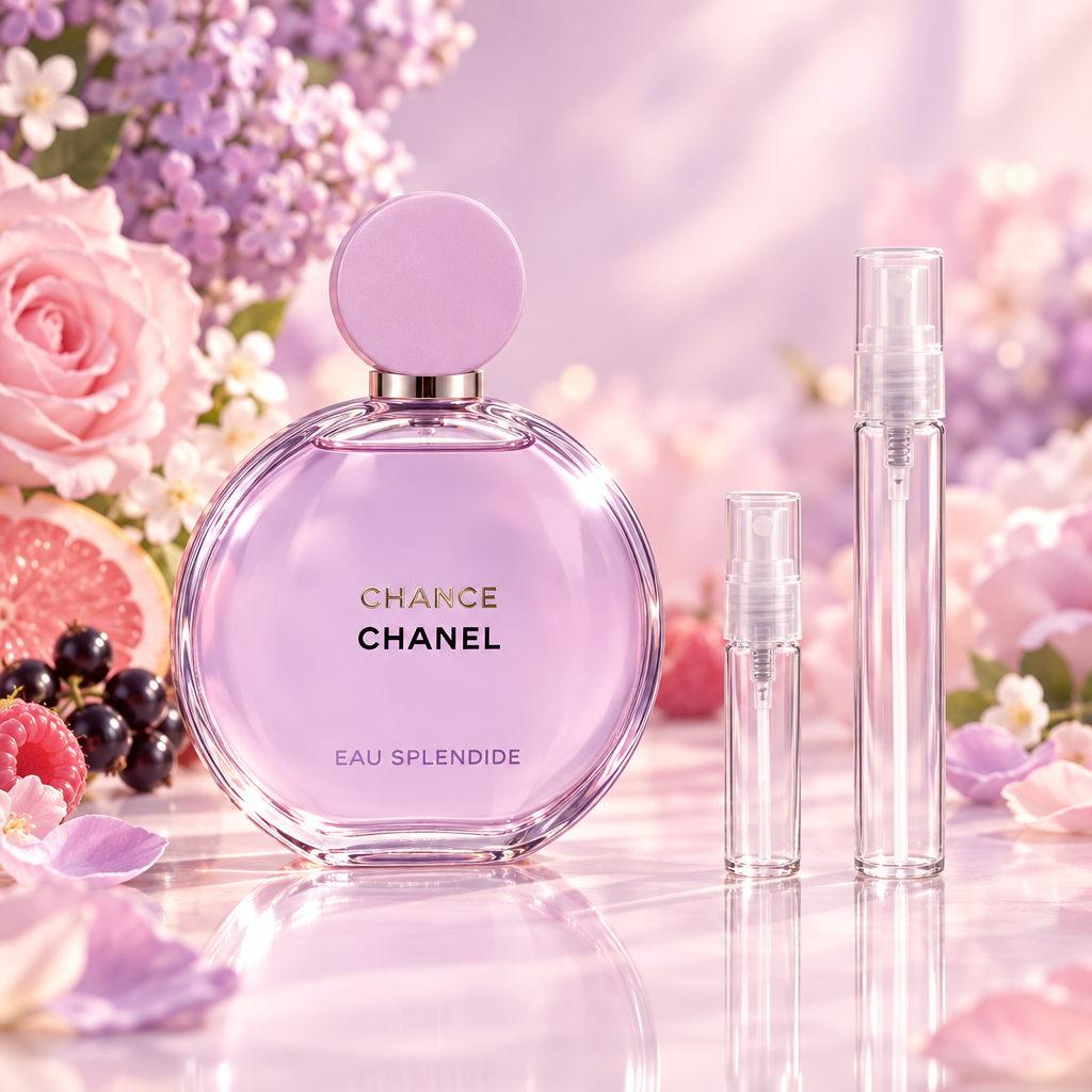 Chanel Chance Eau Splendide bottle with 5 ml and 10 ml plain clear travel spray vials