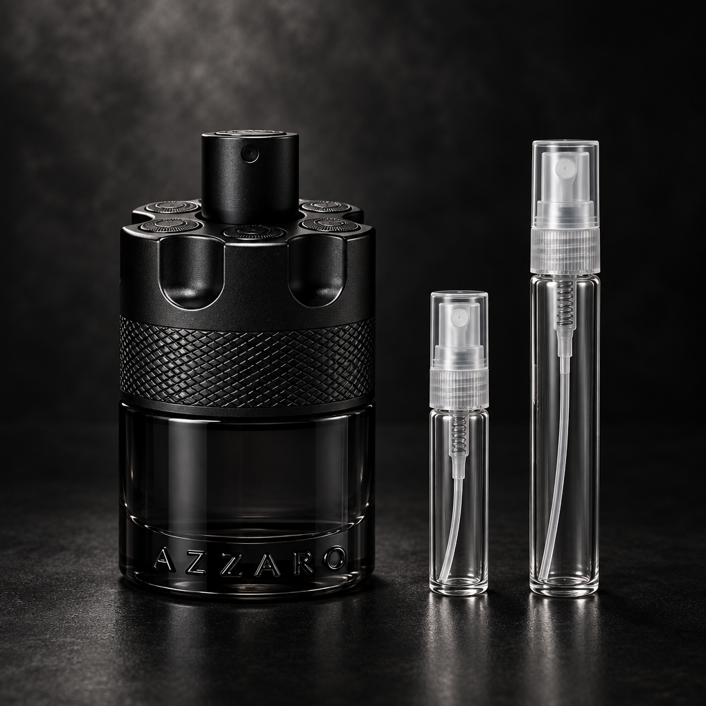 Azzaro The Most Wanted Eau de Parfum Intense bottle with 5 ml and 10 ml plain clear travel spray vials