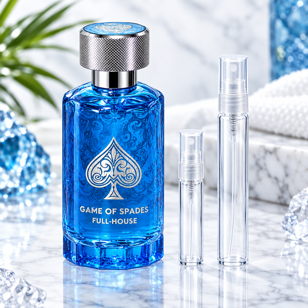 Jo Milano Game of Spades Full-House EDP bottle with 5 ml and 10 ml plain clear travel spray vials