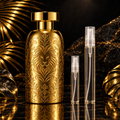 Mykonos Imperium Extrait de Parfum bottle with 5 ml and 10 ml plain clear travel spray vials